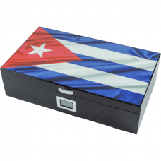 Humidor Kuba Flagga Högblank – För 30–40 Cigarrer med Digital Hygrometer