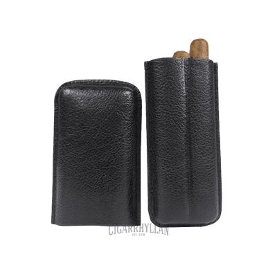 Fodral svart läder för 2 cigarrer öppen
