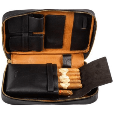 Passatore Cigarrfodral i svart läder – för 5 cigarrer med fack för tillbehör